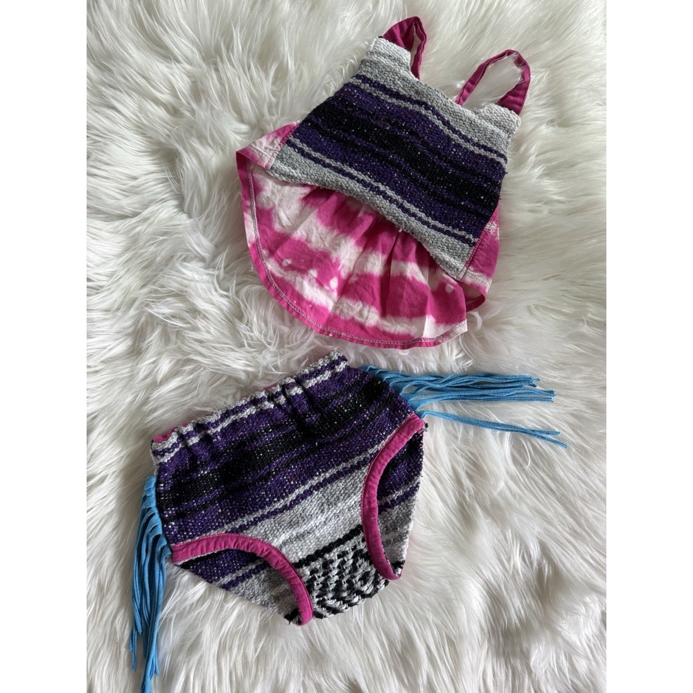 Vintage 70s 80s OOAK Toddler Mexican Blanket Serape Fringe Bummie  Set 2T Hippie